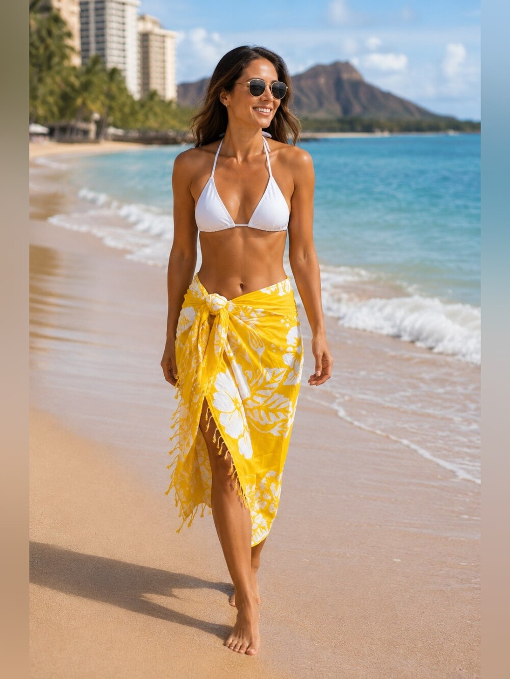 Isla Girl Hawaii Bold Yellow Floral Sarong with Fringe Beach Tropical Women's OS